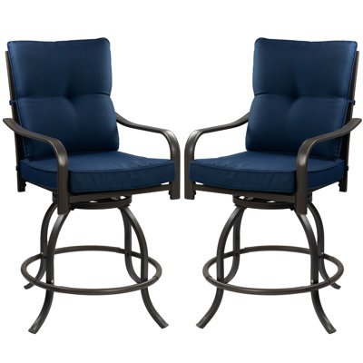 Ensemble de 2 chaises de bar pivotantes pour l'extérieur Kozyard Isabella, ensemble de 2 tabourets de patio à hauteur de comptoir avec sièges rembourrés, chaises de bistro en métal toutes saisons pour les repas dans la cour (bleu marine, avec coussin)