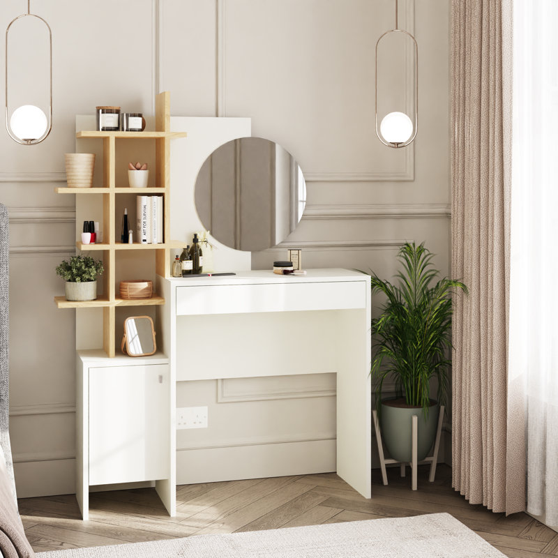 Dressing Table with Mirror, White/Oak