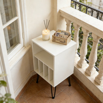Support de tourne-disque en vinyle avec rangement, armoire à plateau tournant pouvant contenir jusqu'à 150 albums, table de bout moderne de style Mid-Century avec tablettes ouvertes pour le salon