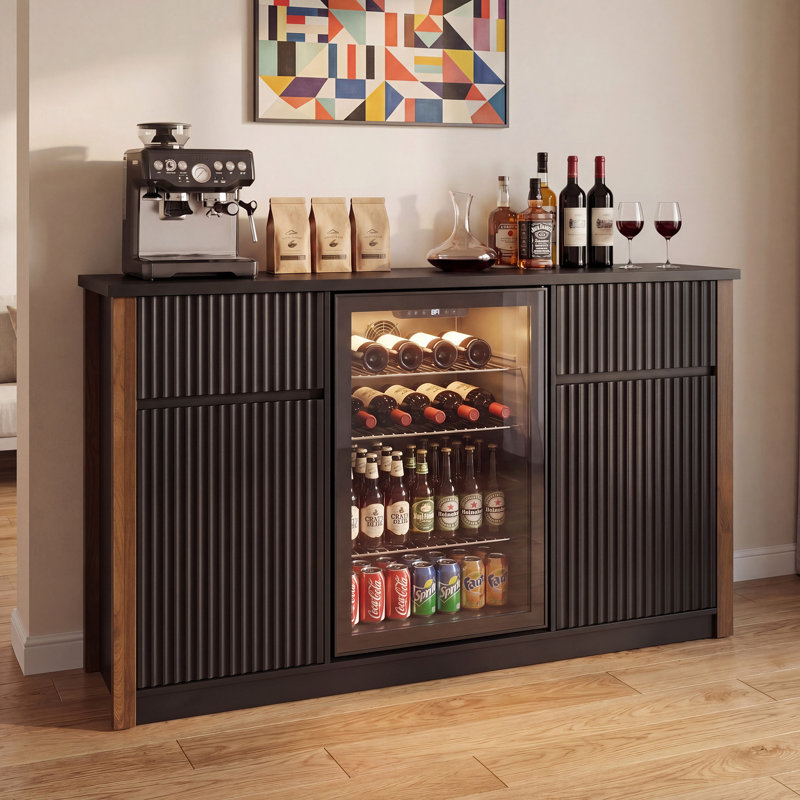 Armoire à café avec mini réfrigérateur LAUSAINT ACCUEIL, armoire à vin moderne pour la maison, station de café avec support à vin et porte-verre, buffet de rangement pour la cuisine, le salon, l 55,1 po noir