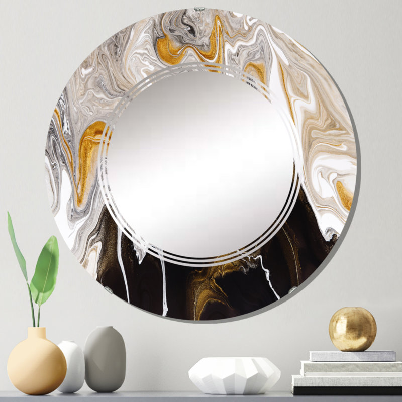 Miroir mural rond noir et blanc liquide Waves I, 24 po x 24 po