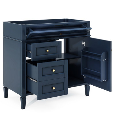 Armoire de rangement de salle de bain 36 po, style moderne. Structure en bois massif, sans lavabo. 2 tiroirs et un tiroir basculant. Bleu. Solide. Glissières de tiroir en métal lisse. Meuble-lavabo Divers Options sans lavabo supérieur