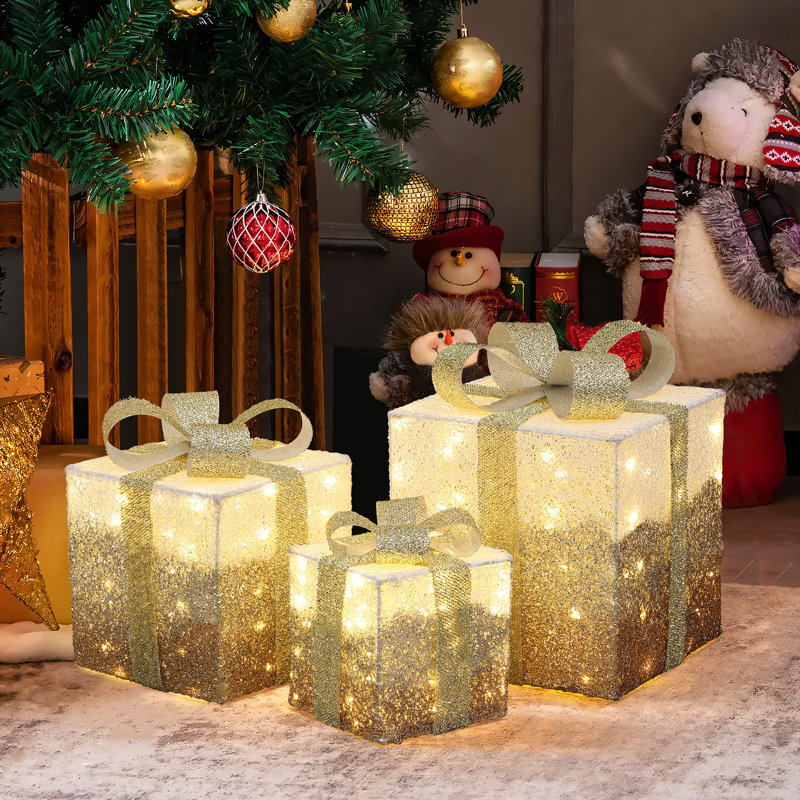 Ensemble 3 pièces de boîte-cadeau craquelé blanc pré-éclairé avec minuterie