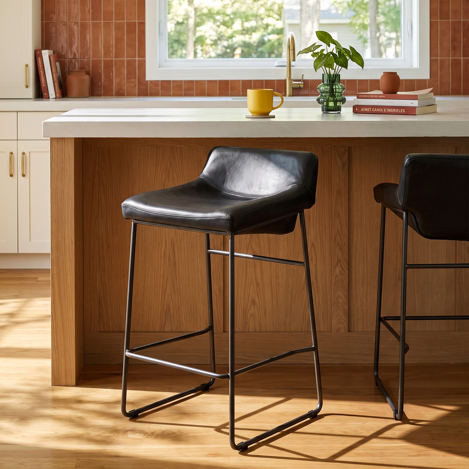 Brittany Genuine Leather Bar Stool, Counter Stool (26” Seat Height), Black Genuine Leather