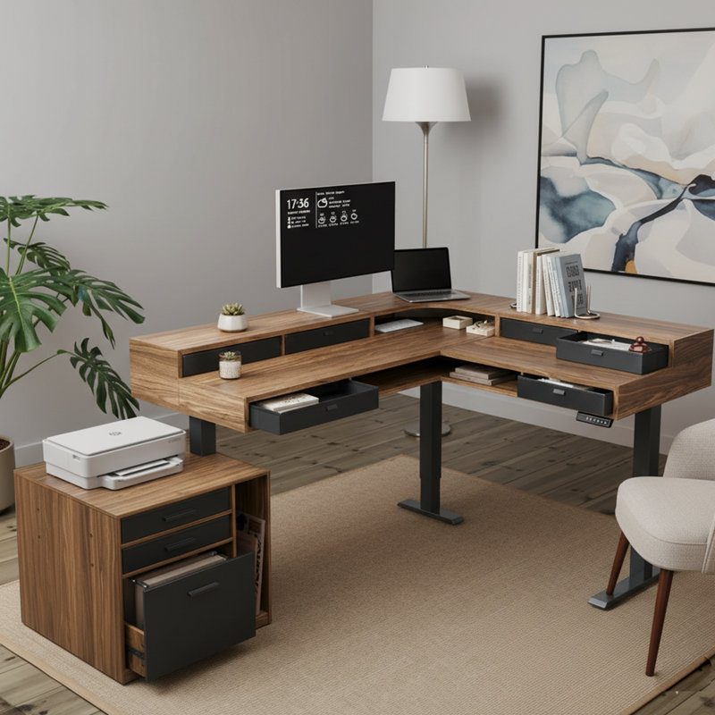 65.5" × 57.6" L-Shaped Electric Standing Desk With 6 Storage Drawers & Storage Cabinet, Dual-Level Corner Sit-Stand Desk, Power Strip Tray & Cable Management, Height Adjustable Gaming Table