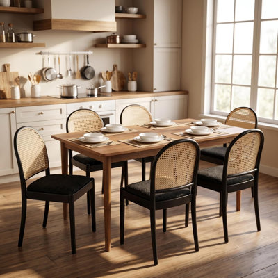 Rattan Dining Chairs Set of 6,Black Upholstered Linen Dining Room Chairs with Backrests, Modern Kitchen Chairs with Wood Legs