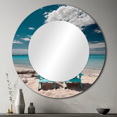 Beach Sandy Escape Chairs - Beach Large Wall Mirror, Turquoise Round Decorative Mirror, Printed Metal Art
