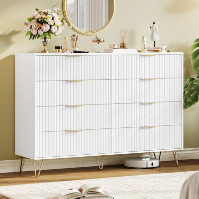 55" Fluted Dresser with 8 Drawers, Modern Wooden Chest & TV Stand for Bedroom & Living Room