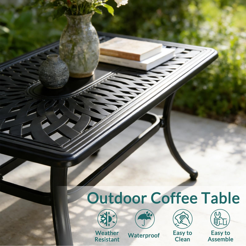  Outdoor Coffee Table, All-weather Cast Aluminum 42" Rectangle Patio Coffee Table, 220 Lbs Heavy Duty Patio Side Table For Balcony Poolside Deck Garden & Indoor Use, Dark Bronze