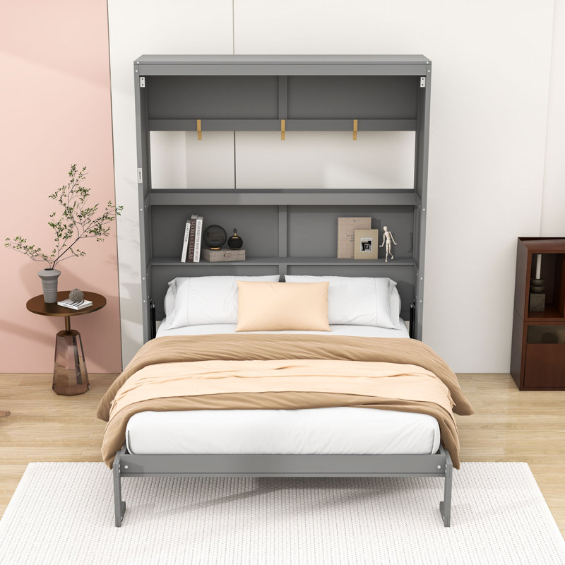 Armoire lit escamotable Murphy avec tablettes intégrées, Gris, Grand lit