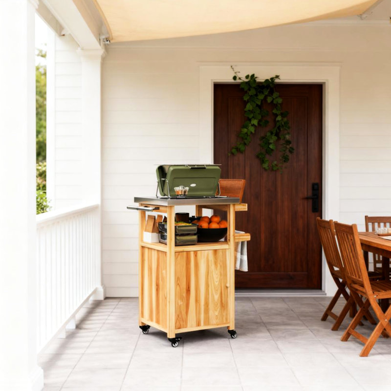 Robuste, support de gril, table chauffante, armoire de rangement, pivotant, chariot d'extérieur, plateau de table, structure en bois, caractéristiques de mobilité