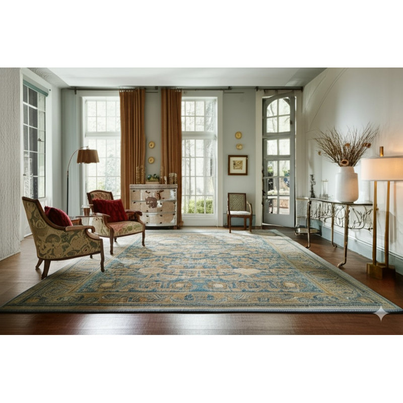 Blue Hand-Knotted Wool Faded Floral Bloom Geometric Modern Contemporary Carpet Rug, 10' x 14'