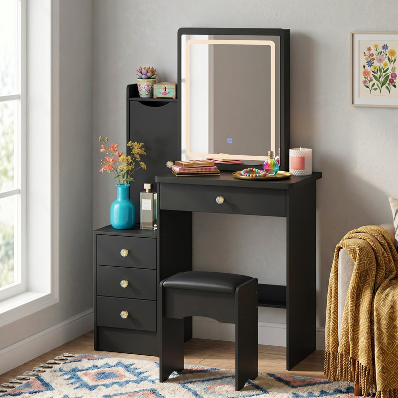 Vanity Set with Stool and Mirror, Black