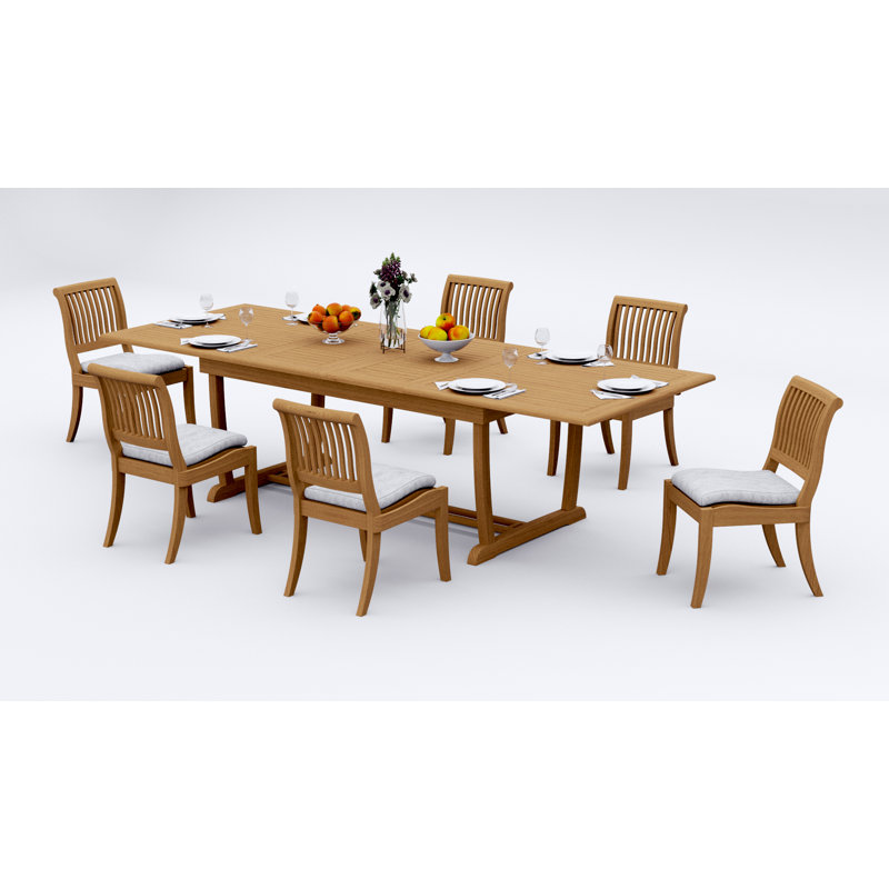 8 Seats 9 Pcs Grade-A Teak Wood Dining Set: 118" Double Extension Mas Rectangle Trestle Leg Table And 8 Arbor Stacking Armless Chairs #11AB2500