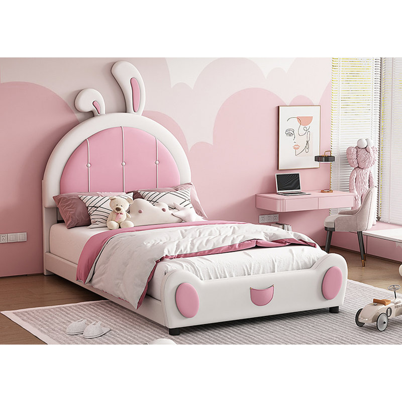 Lit plateforme tapissier avec tête de lit en forme de lapin
