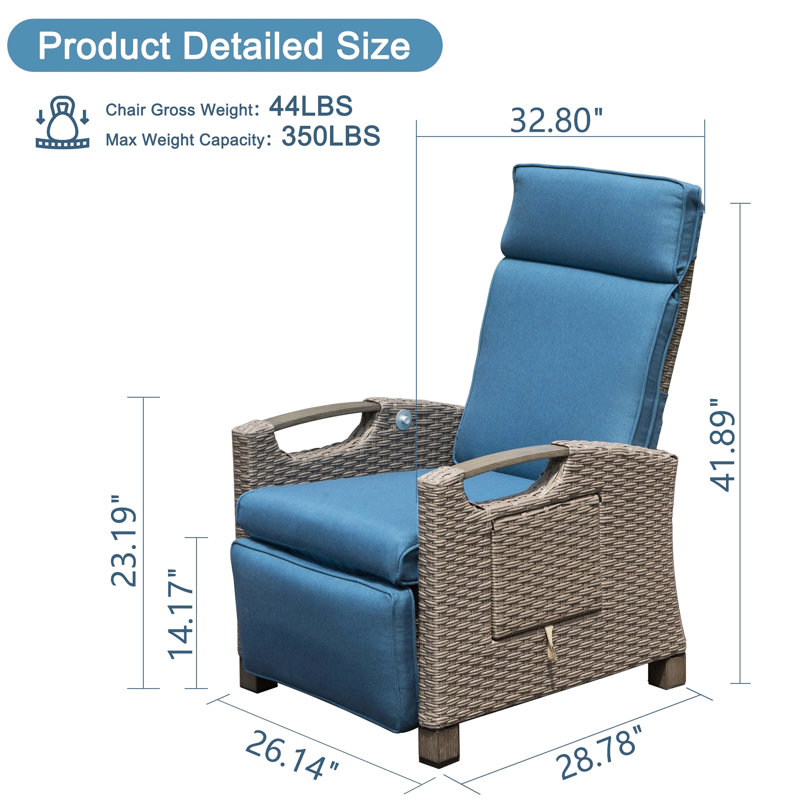 Patio Recliner With Comfortable Back And Neck Support - Blue Adjustable Protected, Navy Blue, Seat