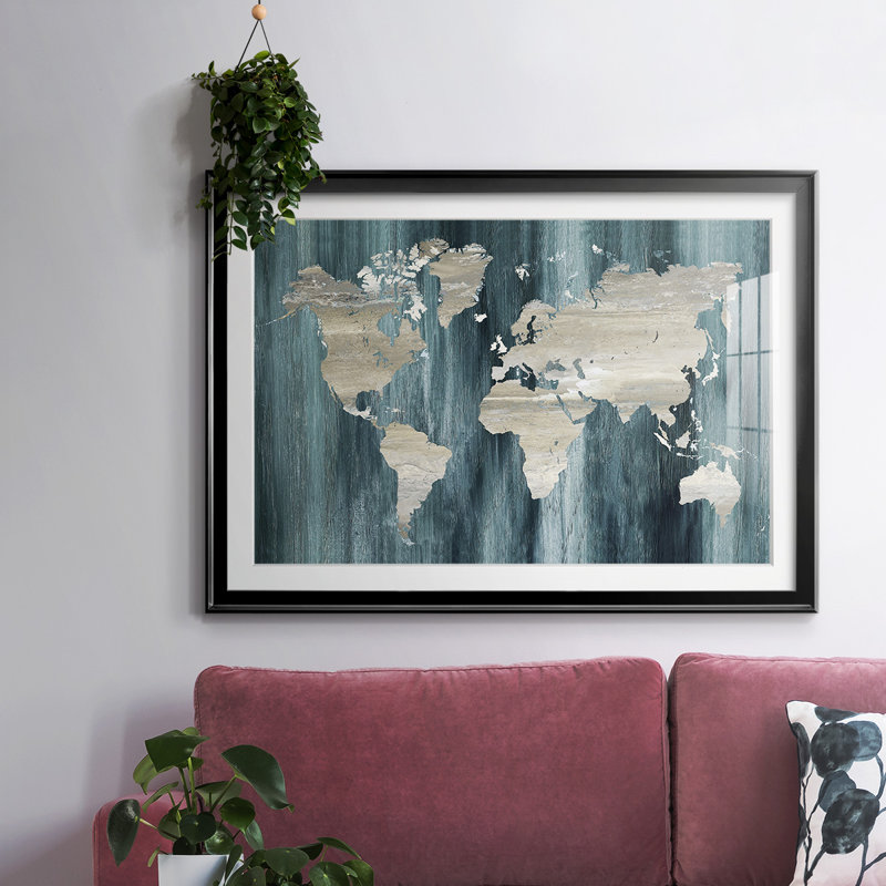 " Navy World Map ", Black, 15" H x 21" W x 1.5 D