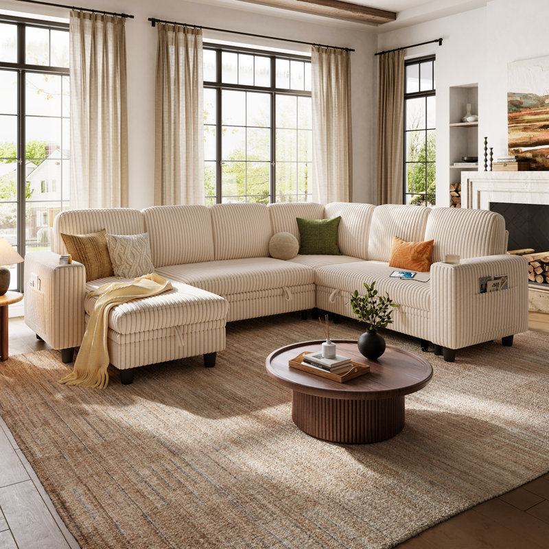 Sherry 106" Upholstered Modular Sectional with Sotrage Ottoman & USB Charging, Effie Beige Corduroy