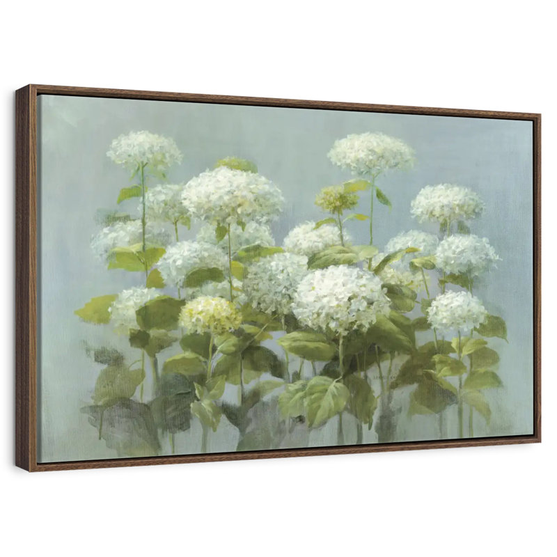 Jardin d'hortensias blanc, 25 po x 17 po, Cadre flottant noyer