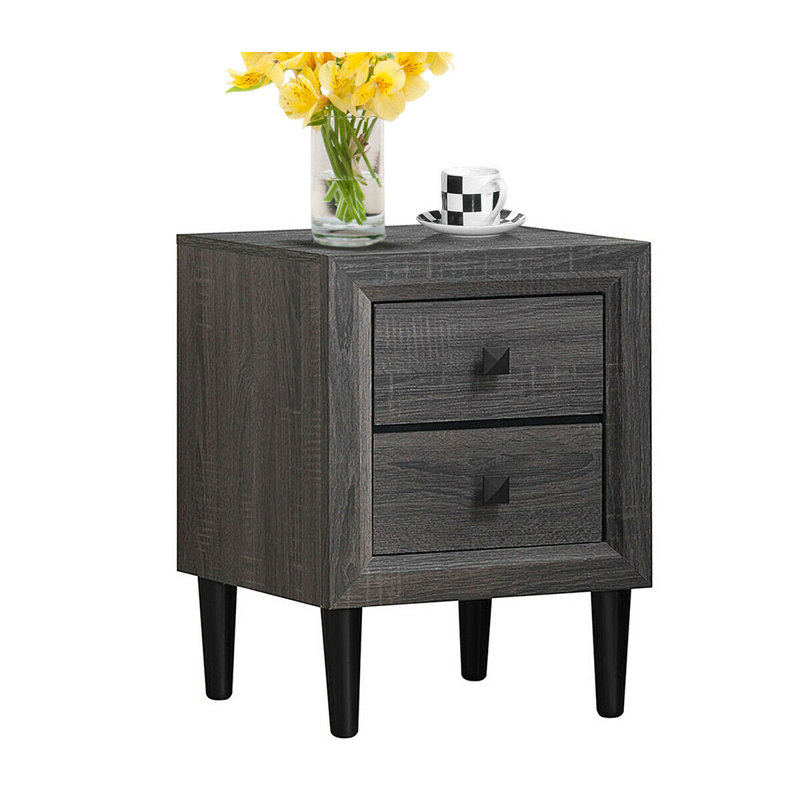 Grey MDF and Rubber Wood 2-Drawer Nightstand with Black Legs