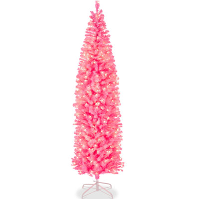  Pre-Lit Pink Artificial Christmas Tree, Holiday Pencil Tree W/ 500 Warm White Lights, Stand