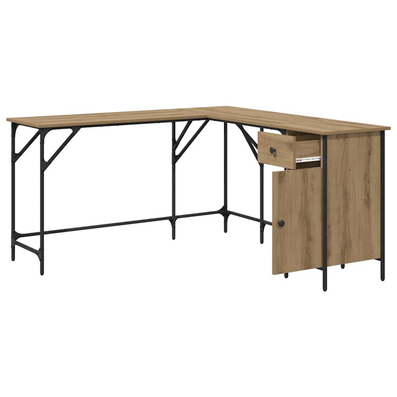 L-Shaped Metal Base Computer Desk, Artisan Oak