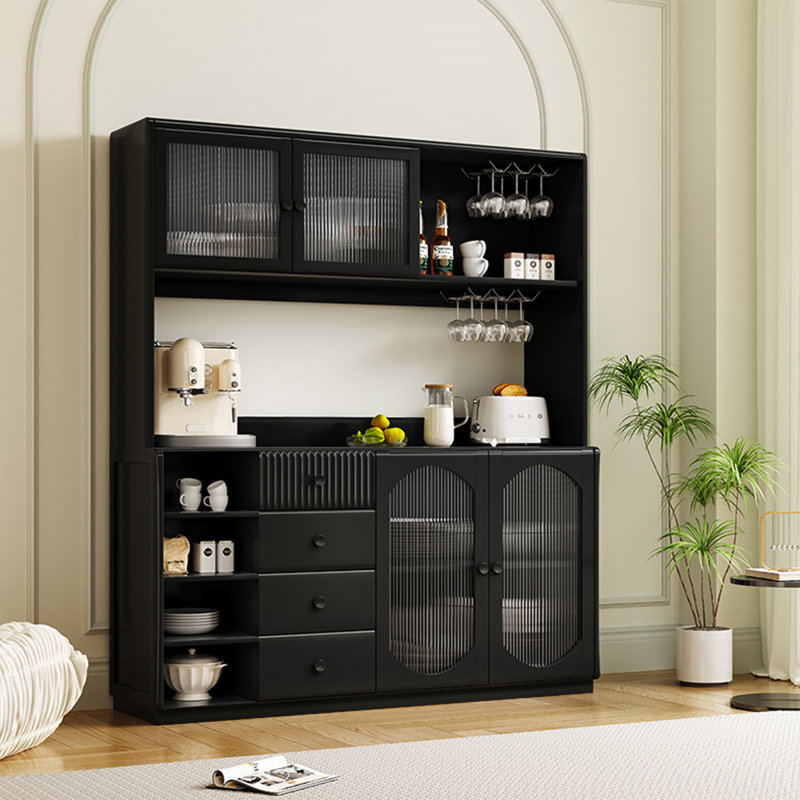 Buffet noir massif + bois manufacturé + verre