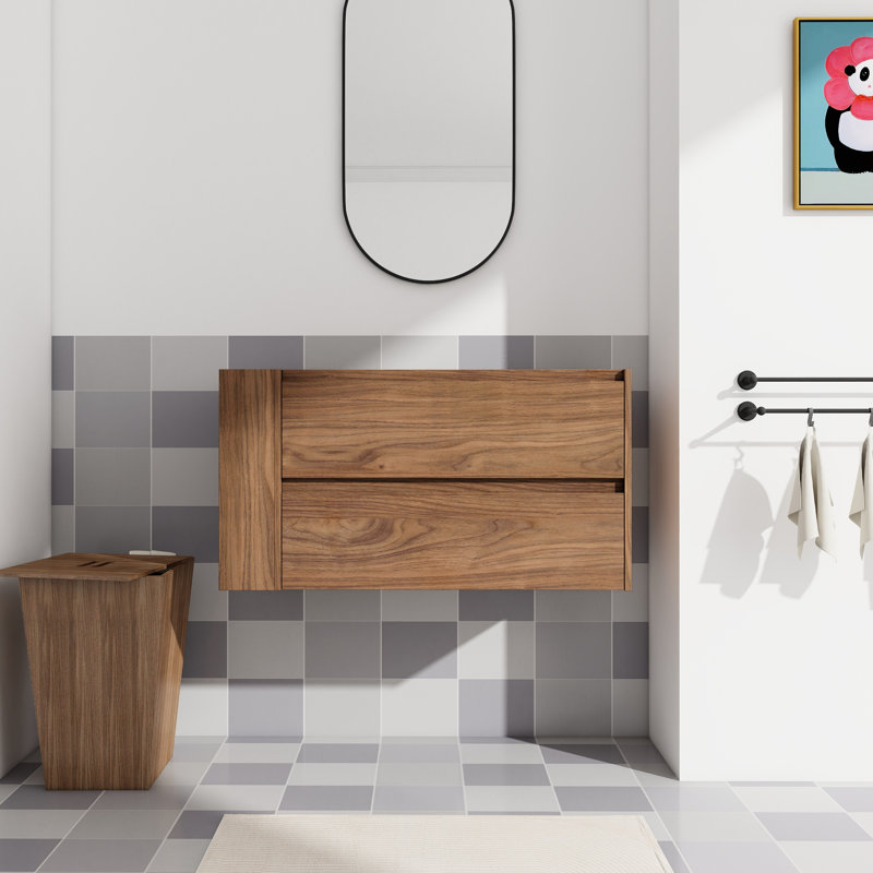 36" Bathroom Vanity Wall Mount, Soft Close 2/3 Extended Drawer, 45 Invisible Handle, Modern Brown Oak Plywood Cabinet 36", Mounted, Bevelled