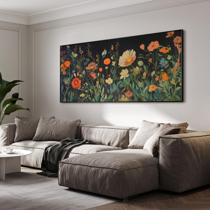 Extra Large Wall Art Fabric Print - Vibrant Wildflower Garden on Dark Background Artwork Decor for Living Room or Bedroom - "Frame Assembly Required (Unfinished Frame)"