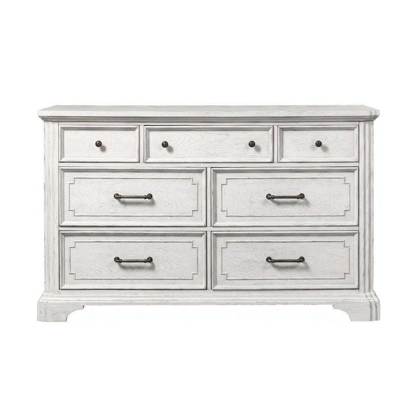 Commode monobloc blanc de style traditionnel, 45,7 x 172,9 x 96,5 cm, en bois massif et MDF, avec tiroirs spacieux et construction robuste.