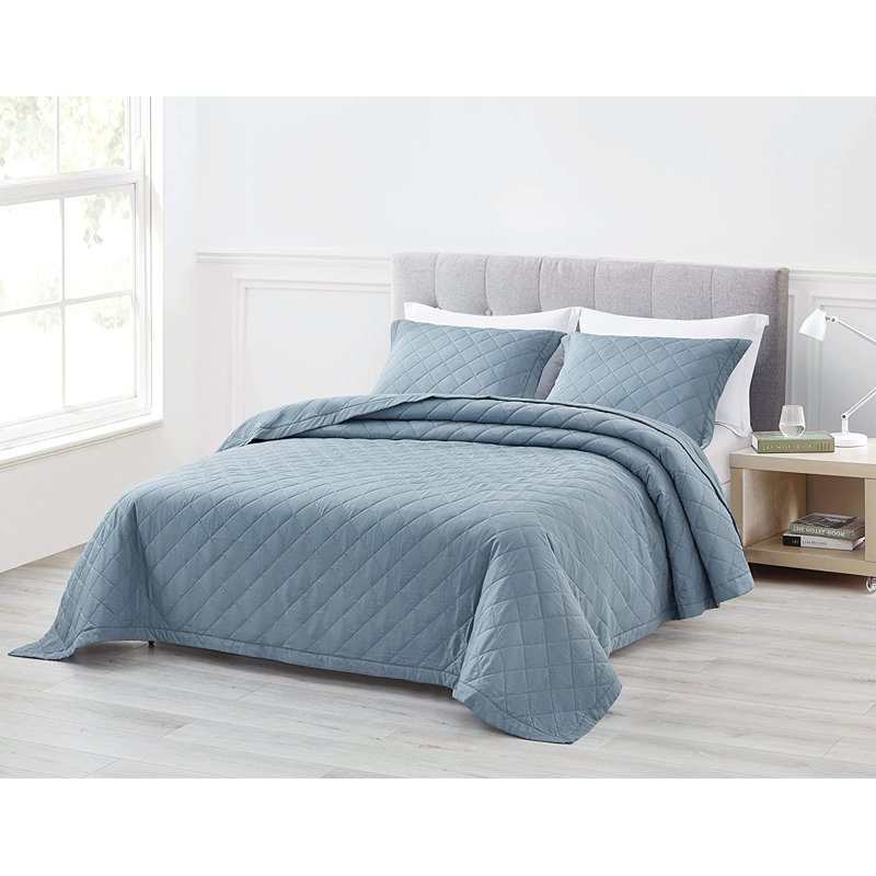 3 Piece Diamond Stitch Lightweight Cooling Quilt Set, Blue, King Quilt + 2 Standard Shams