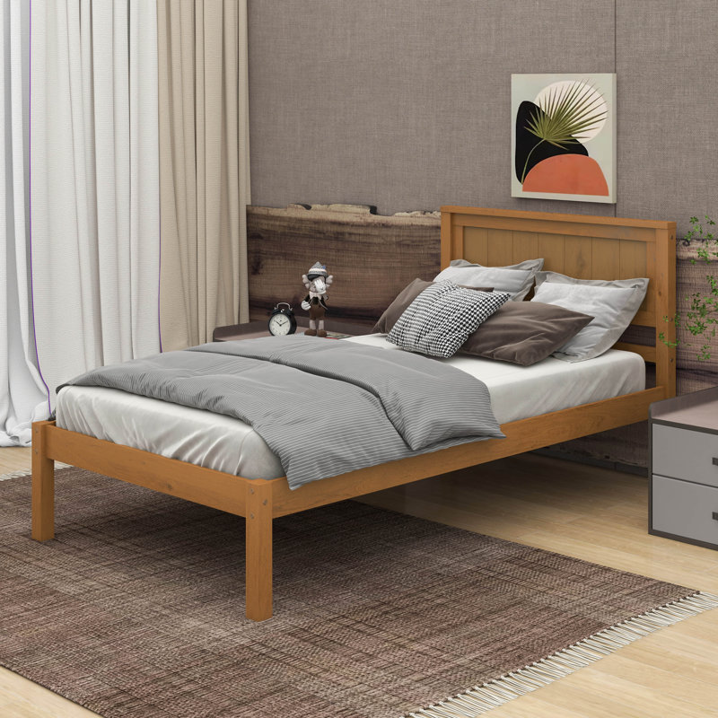 Twin Size Platform Bed Frame With Headboard, Oak