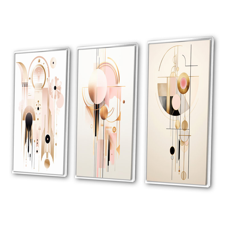 «Circular Boho Chic Geometrics In Retro Pink III», 3 pièces sur toile, Cadre flottant blanc, H 40 po x l 60 po