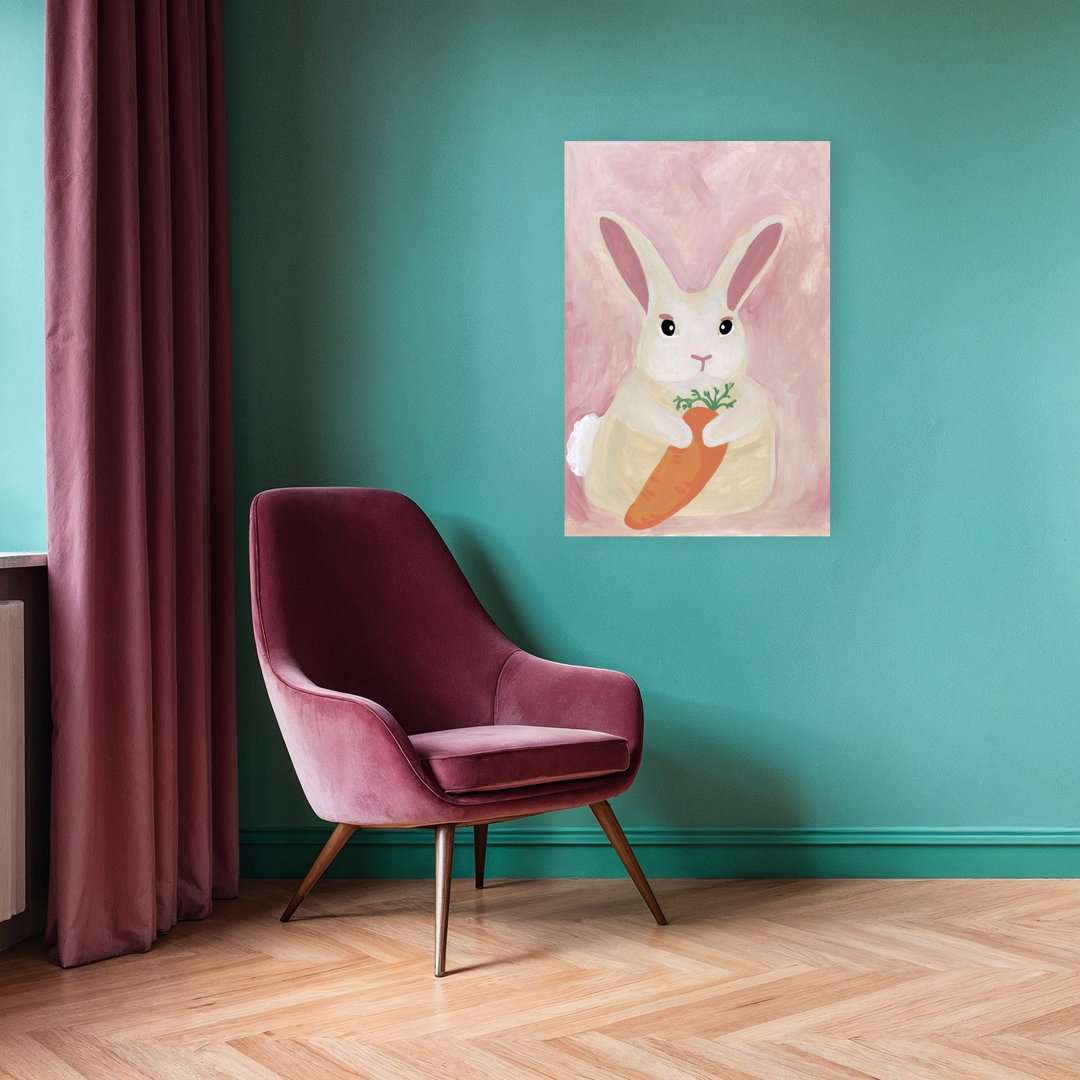 Sweet Bunny With Carrot Dreamy Playful Contemporary Rabbit Spring Forest Wall Art Print
