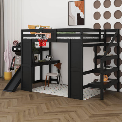 Lit mezzanine double en bois avec bureau intégré, panier de basketball, glissade et escalier