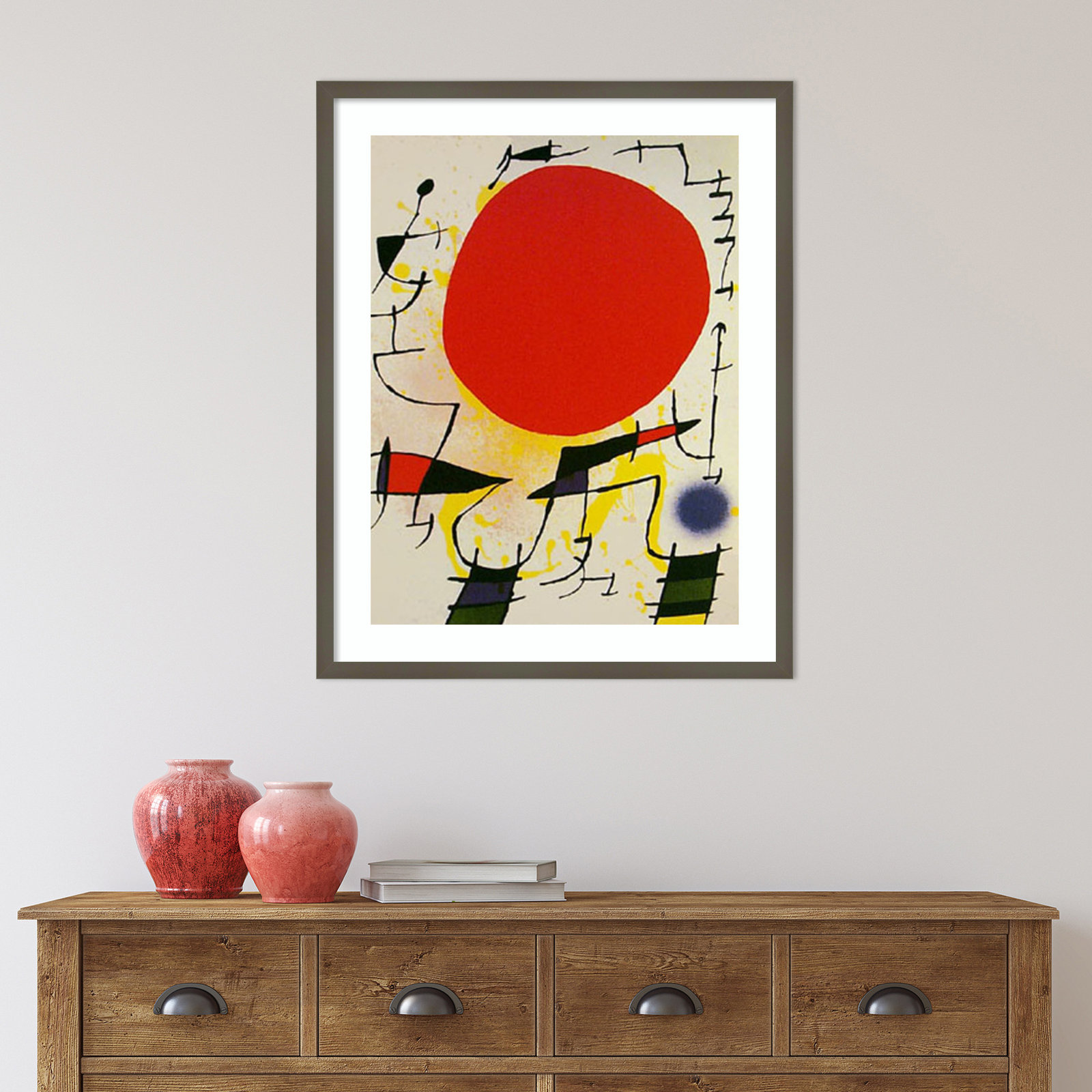 Le Soliel Rouge (The Red Sun) by Joan Miro, 30.38" H x 24.38" W x 0.88" D, Clay Gray Framed Paper