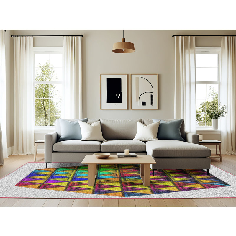 Tapis vert/orange/rose à motifs, Rectangle 6 pi x 9 pi