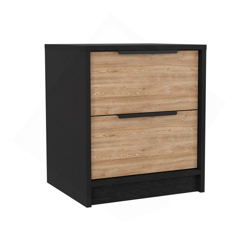 Modern Nightstand 19" H, Two Drawers, Black / Pine, Black/Natural
