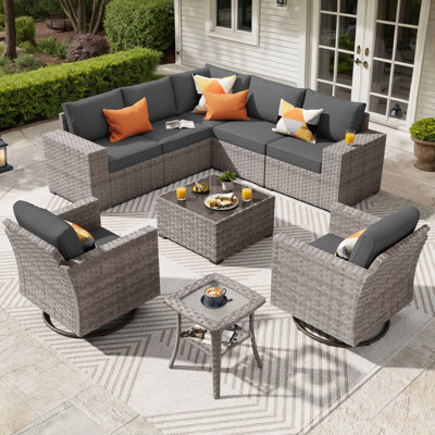7 - Person Patio Furniture Set with Swivel Rocker, Outdoor Wicker Rattan Sectional Seating Group with Cushions, All Weather Sofa Conversation Set with Table for Garden Backyard