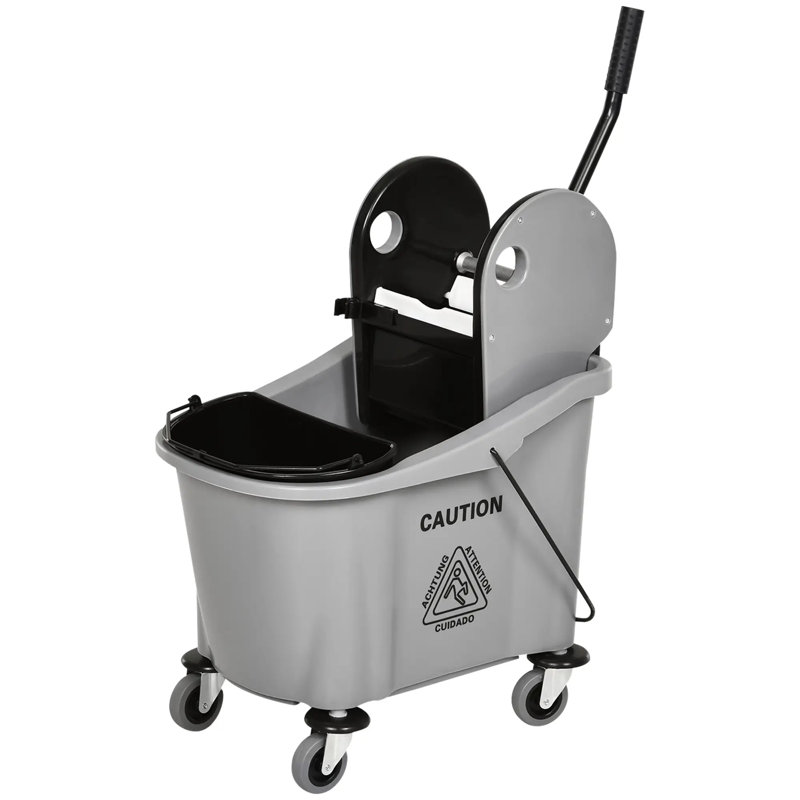 Seau de 38 pintes avec essoreuse, chariot de nettoyage à roulettes double avec roues, système de vadrouille avec support à poignée, nettoyage de plancher commercial (gris)