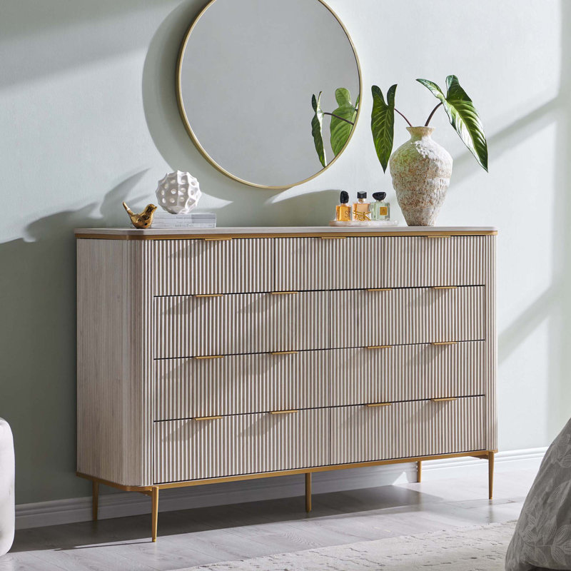 Fluted 9 Drawers Dresser Modern Wooden Top Chest Of Drawers, White Alder