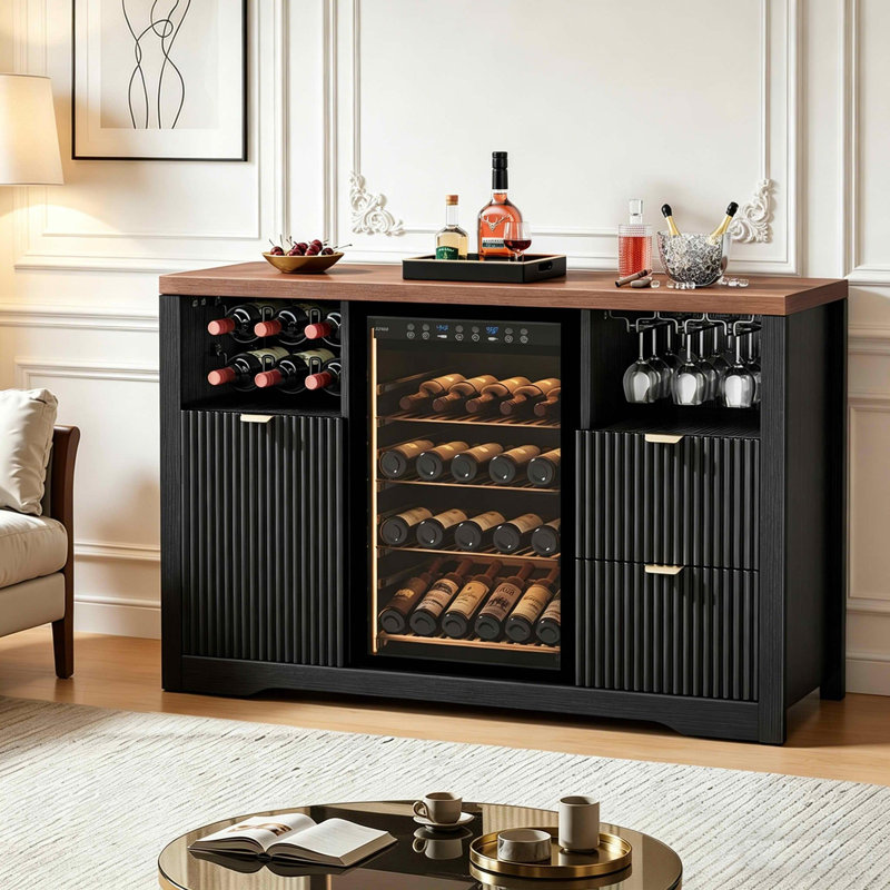 53" L Fluted Coffee Bar Cabinet with Fridge Space & Wine Rack, Black