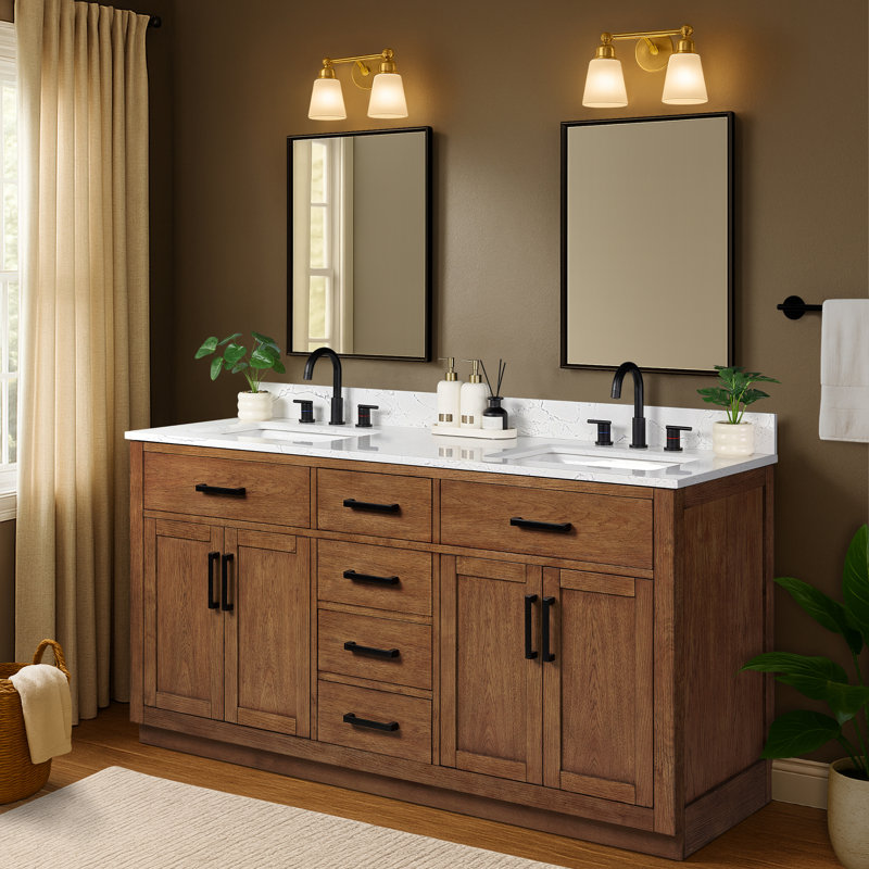 66'' Double Bathroom Vanity with Drawers, Shelf, Outlet, and Engineered Marble Top, Dark Brown Walnut, 66''