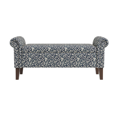 Wallen Traditional Rolled Arm Storage Bench Ottoman with Pewter Nailhead Trim in Black Curly Vine Pattern with Dark Brown Solid Wood Legs