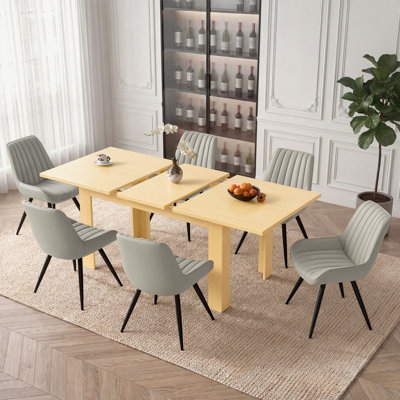 Fecteau Modern Farmhouse 7-Piece Extendable Rectangular Dining Table Set With 6 Upholstered Chairs, Expandable Space-Saving Kitchen Dining Room Furnit