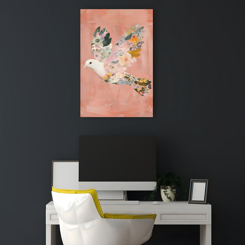 Floral Dove Flight Bird Flower Nature Wall Art Print 1 Piece Wrapped Canvas Wall Art, 45.72cm H x 30.48cm W