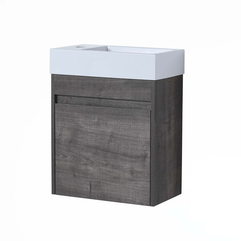 Meuble-lavabo flottant mural avec lavabo, Chêne gris carreauté