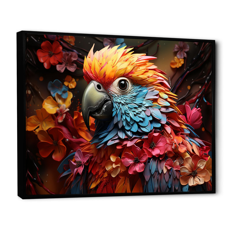 Perroquets tropicaux Rhapsody - perroquet, art mural sur toile, Cadre flottant noir, H 30 po x l 40 po x P 1,5 po