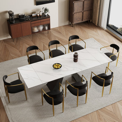 Recline 9 - Piece Dining Table Set With 110.23'' Extendable Sintered Stone Dining Table and 8 Fabric Chairs