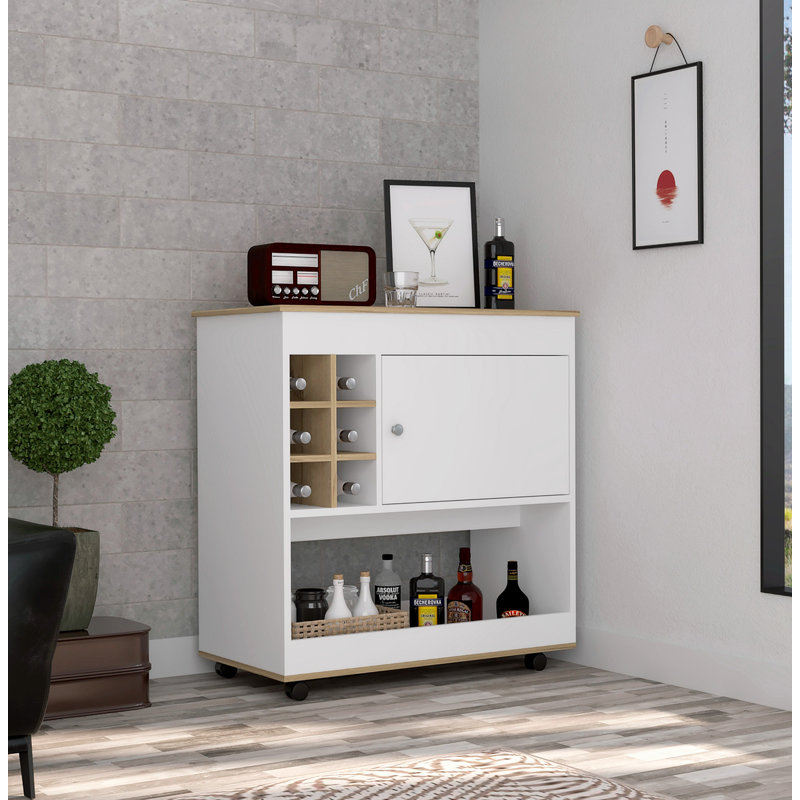 Chariot-bar, six casiers à bouteilles, armoire d'appoint, Blanc